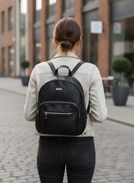 Mochila urbana de ecocuero negro con bolsillos y cierres plateados