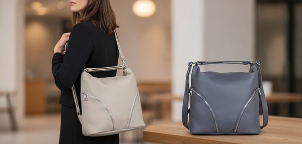 Tres mochilas cartera de símil cuero para mujer en colores gris, beige y lila pastel