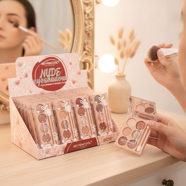 Exhibidor con paletas de sombras para ojos Sevencool Nude Eyeshadow de tonos rosados y marrones