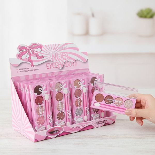 Exhibidor con paletas de sombras para ojos Sevencool en tonos nude y glitter con aplicador