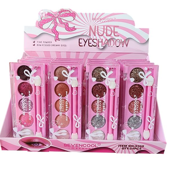 Exhibidor con paletas de sombras para ojos Sevencool en tonos nude y glitter con aplicador