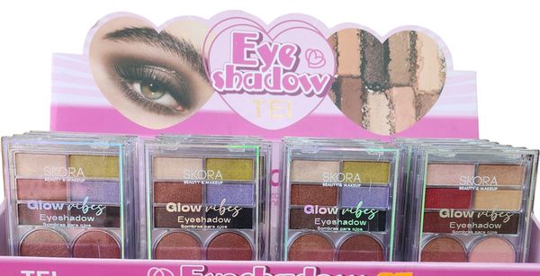 Exhibidor con paletas de sombras para ojos Skora Glow Vibes en tonos variados.