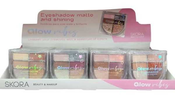 Exhibidor de paletas de sombras para ojos Skora Glow Vibes con acabados mate y brillantes