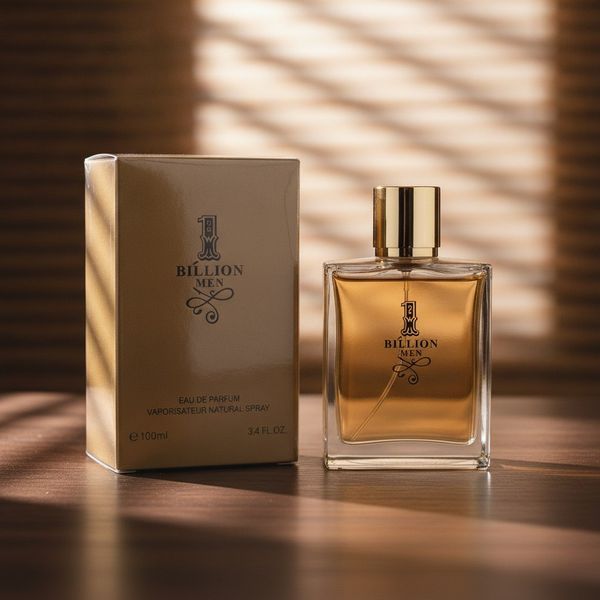 Frasco de perfume masculino 1 Billion Men de vidrio con tapa dorada junto a su caja dorada.