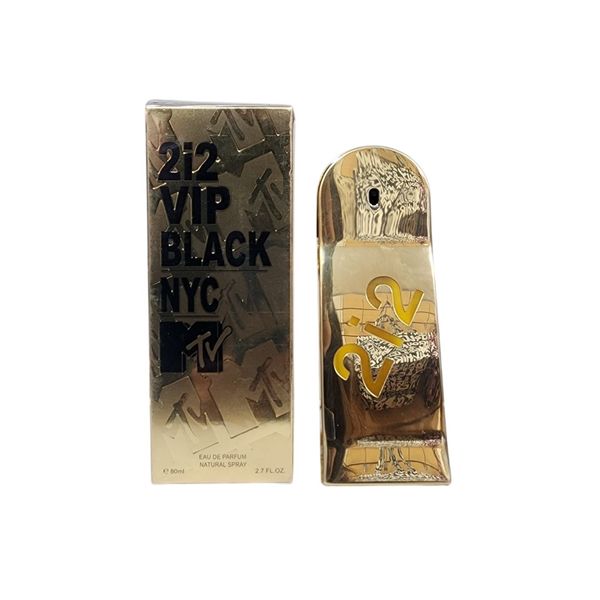 Frasco y caja dorada de perfume 212 VIP Black NYC MTV