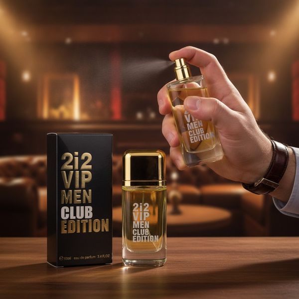 Frasco de perfume para hombre 2i2 VIP Men Club Edition junto a su caja negra y dorada