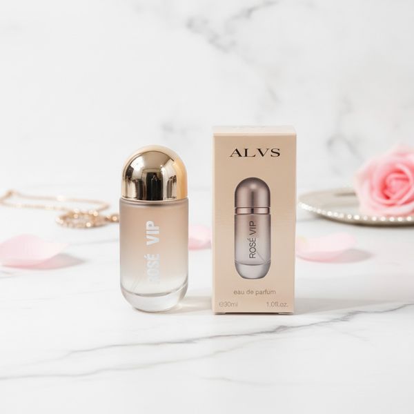 Frasco y caja de perfume ALVS Rosé VIP Eau de Parfum de 30 ml