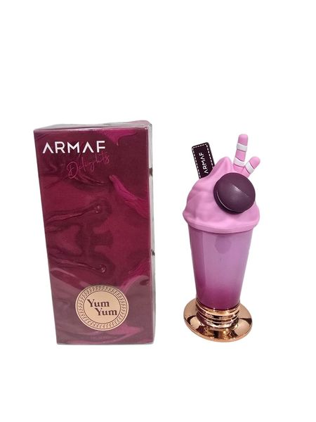 Perfume Armaf Delights Yum Yum con envase decorativo en forma de batido y caja rosa