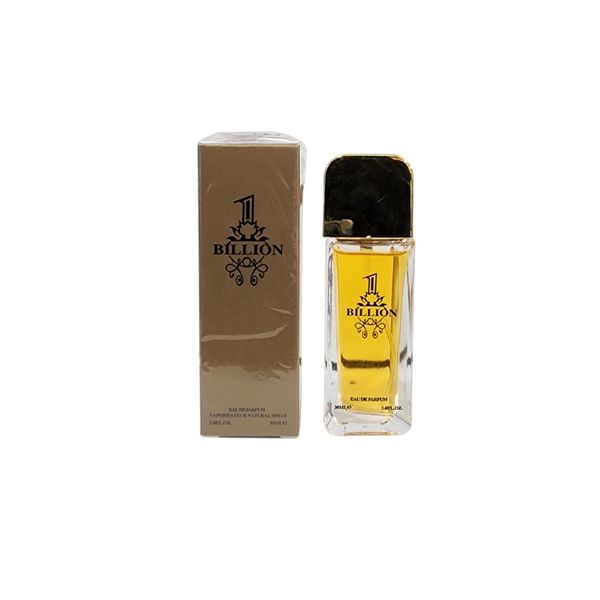 Frasco de perfume Billion Eau de Parfum transparente con tapa dorada junto a su caja dorada.