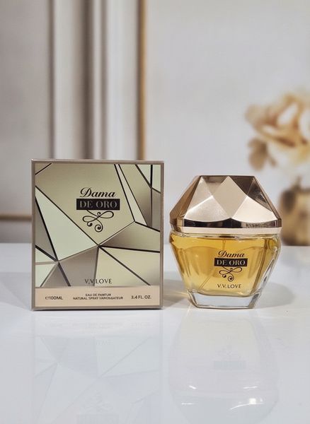 Caja y frasco de perfume Dama de Oro V.V. Love de 100 ml