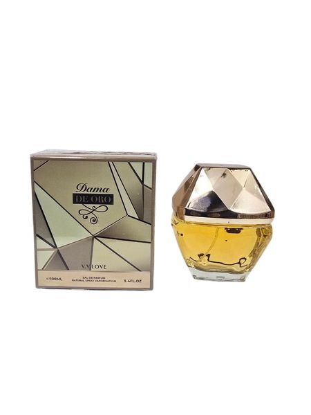 Caja y frasco de perfume Dama de Oro V.V. Love de 100 ml