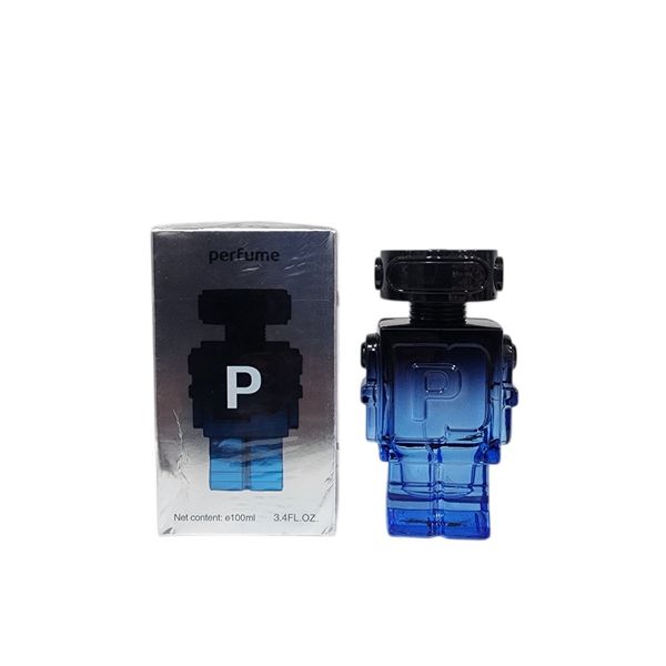 Frasco de perfume transparente de color azul con forma de robot junto a su caja plateada