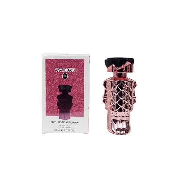 Perfume V.V. Love Futuristic Girl Pink de 30 ml en frasco rosa metálico y caja