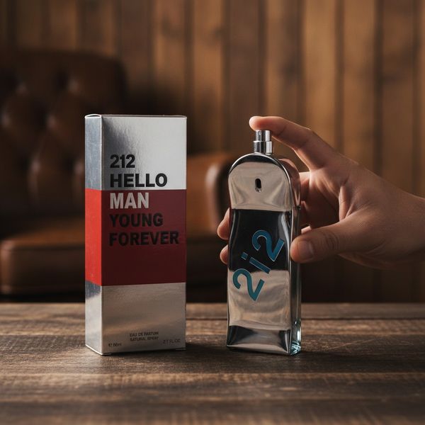 Frasco de perfume masculino cromeado con forma de patineta junto a su caja plateada y roja 2i2 Hello Man.