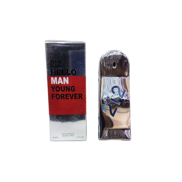Frasco de perfume masculino cromeado con forma de patineta junto a su caja plateada y roja 2i2 Hello Man.