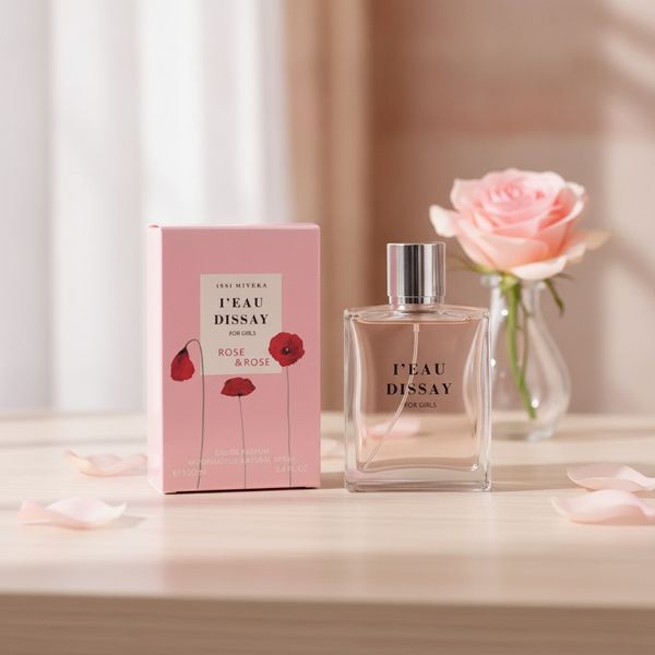 Frasco de perfume transparente I'eau Dissay Rose junto a su caja rosa decorada