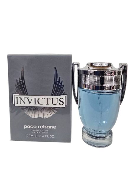 Perfume Invictus Pogo Rebane de 100 ml con frasco con forma de trofeo y su caja.
