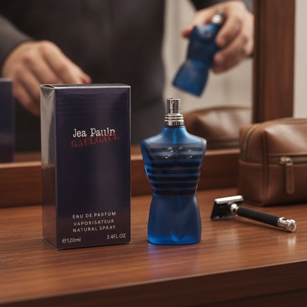 Perfume Jea Paulr Gaulgaul Eau de Parfum en frasco azul en forma de torso junto a su caja