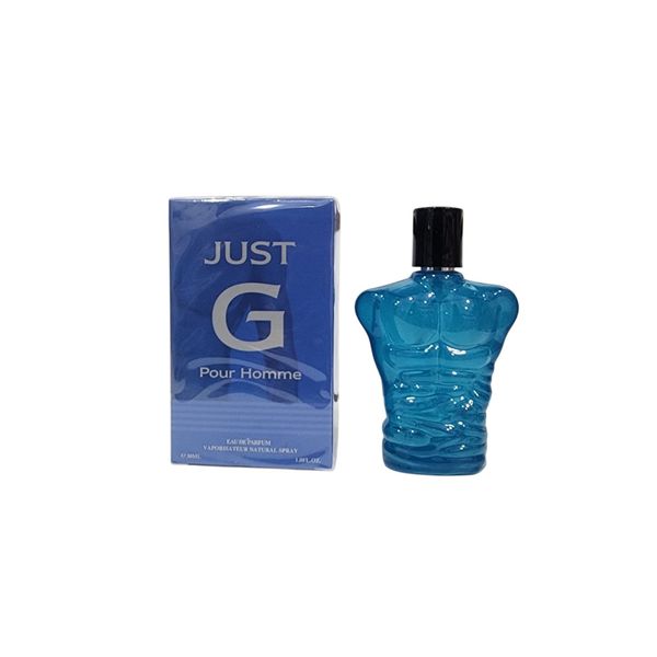 Perfume para hombres Just G Pour Homme de 30 ml con frasco en forma de torso azul y caja