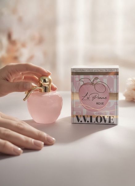 Perfume V.V.Love La Pomme Rose de 80ml con frasco en forma de manzana rosa y detalles dorados junto a su caja