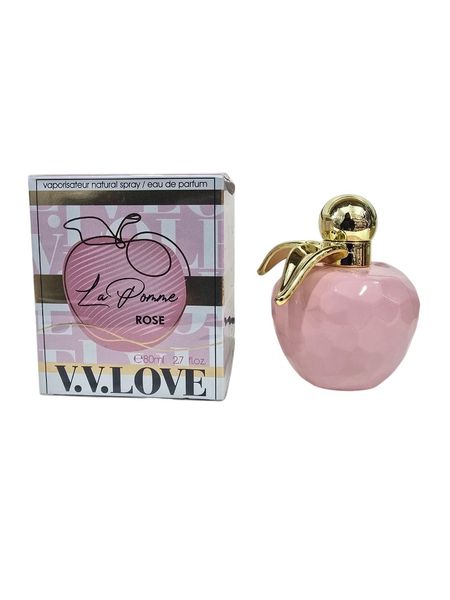 Perfume V.V.Love La Pomme Rose de 80ml con frasco en forma de manzana rosa y detalles dorados junto a su caja
