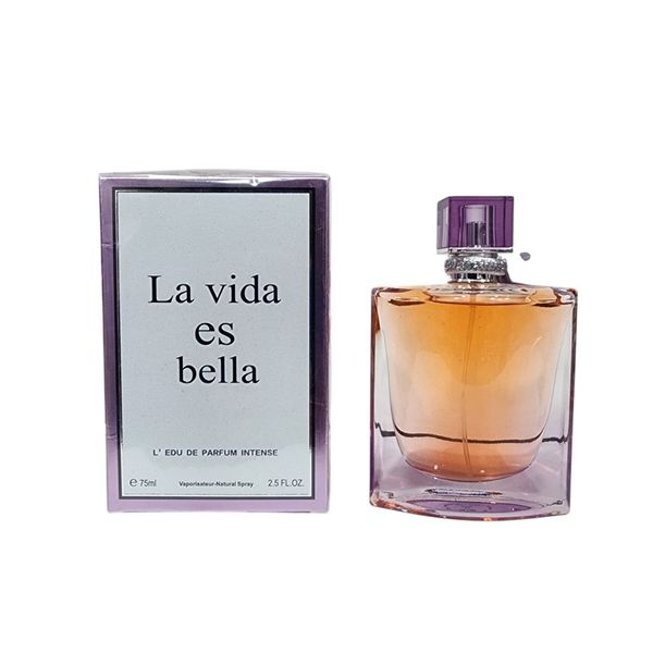 Frasco de perfume La Vida Es Bella con caja de presentación en tonos violeta y blanco
