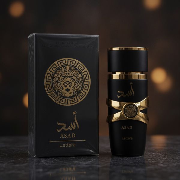 Perfume Lattafa Asad Eau de Parfum de 50ml con envase negro y detalles dorados junto a su caja