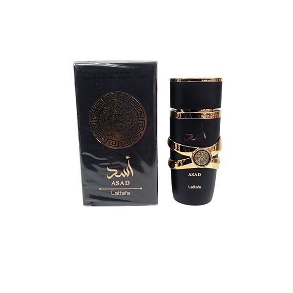 Perfume Lattafa Asad Eau de Parfum de 50ml con envase negro y detalles dorados junto a su caja