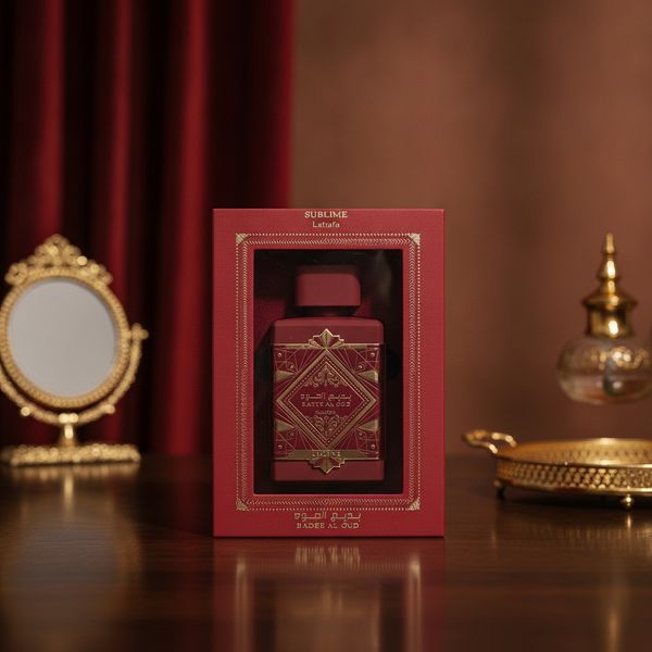 Perfume Lattafa Bade'e Al Oud Sublime en caja roja de presentación con detalles dorados