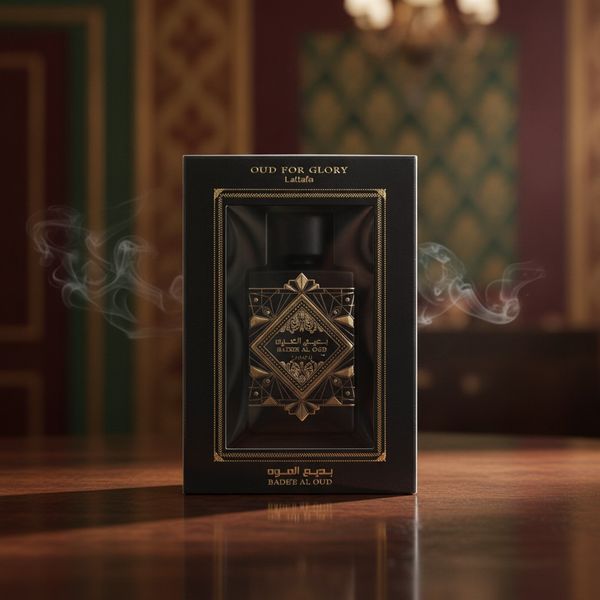 Perfume Lattafa Bade'e Al Oud Oud For Glory en estuche elegante negro y dorado