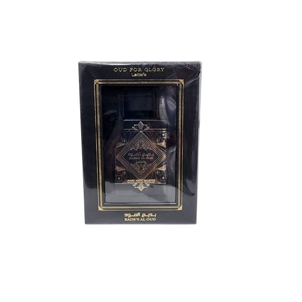 Perfume Lattafa Bade'e Al Oud Oud For Glory en estuche elegante negro y dorado