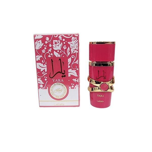 Perfume Lattafa Yara Candy de 50 ml en frasco rosa con caja ilustrada