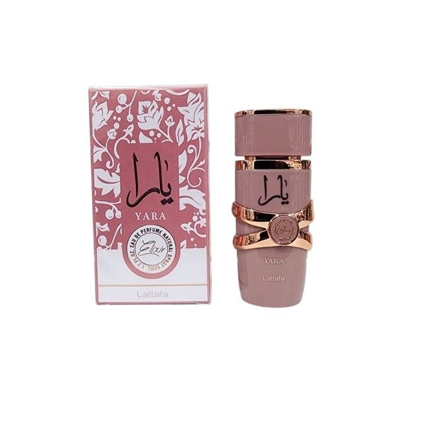 Frasco de perfume Lattafa Yara Elixir rosa con detalles dorados al lado de su caja de presentación.