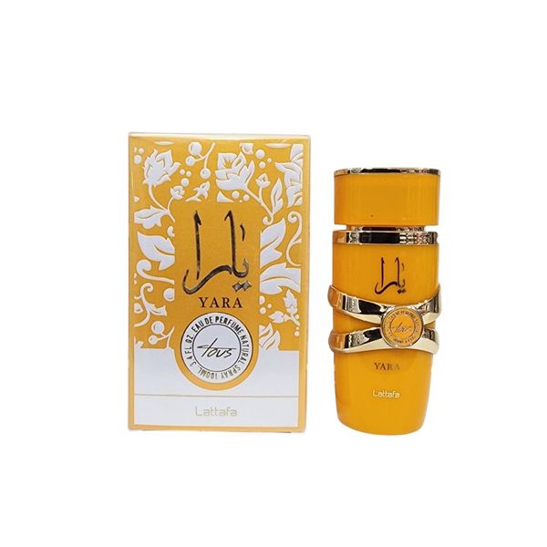 Perfume Lattafa Yara Tous de 100 ml en frasco amarillo con caja decorada