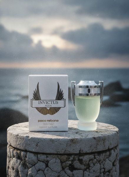 Perfume masculino Invictus Aqua de 100ml junto a su caja