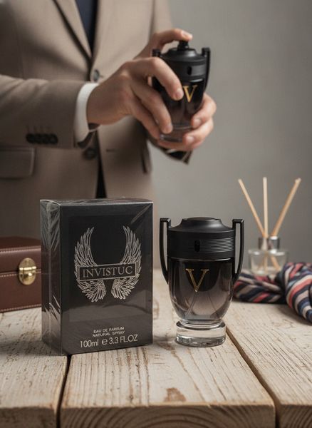 Frasco de perfume Invistuc 100ml junto a su caja negra con logo de alas plateadas.
