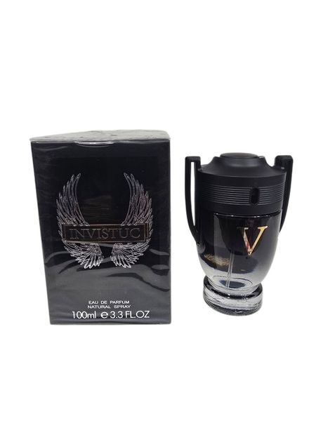 Frasco de perfume Invistuc 100ml junto a su caja negra con logo de alas plateadas.