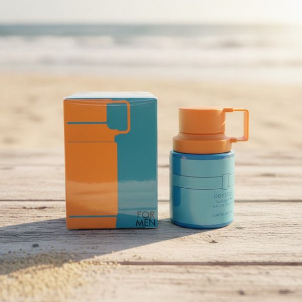 Perfume para hombre Odyssey con envase azul y tapa naranja junto a su caja de presentación.