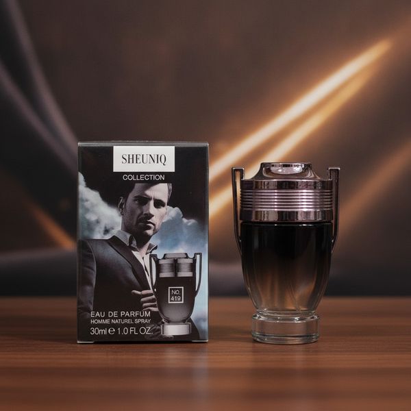 Perfume masculino Sheuniq Collection de 30 ml junto a su caja de presentación