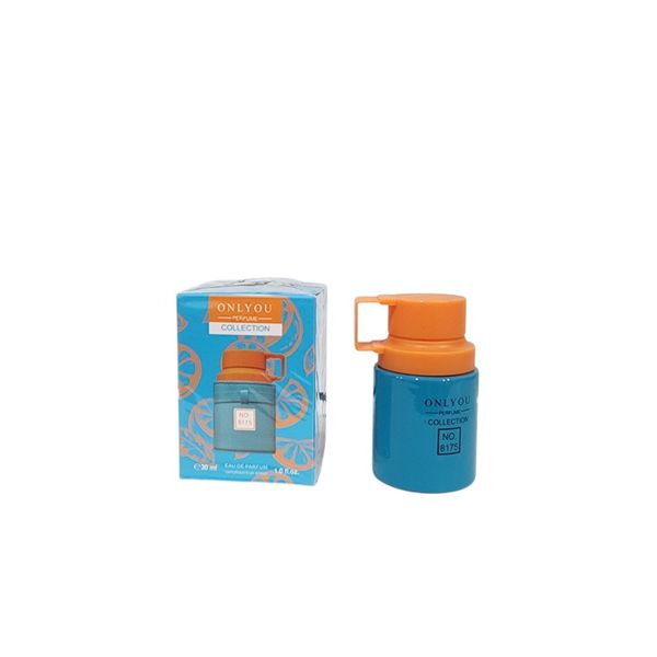 Frasco de perfume Onlyou Collection N° 8175 celeste y naranja junto a su caja
