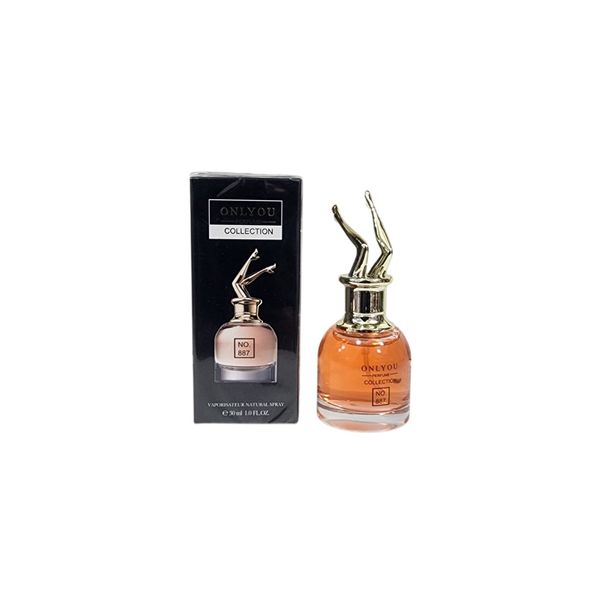 Perfume Onlyou Collection No. 887 de 30 ml con frasco de vidrio y tapa dorada junto a su caja