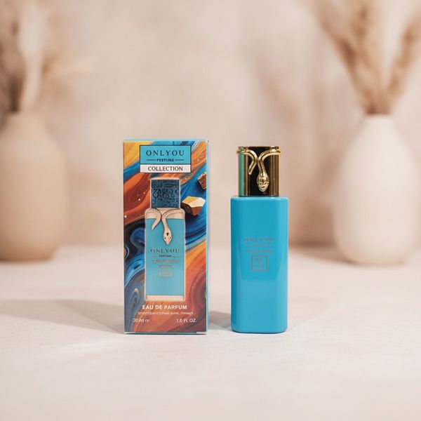 Perfume Onlyou Collection celeste en frasco con aplique dorado de serpiente y su caja ilustrada