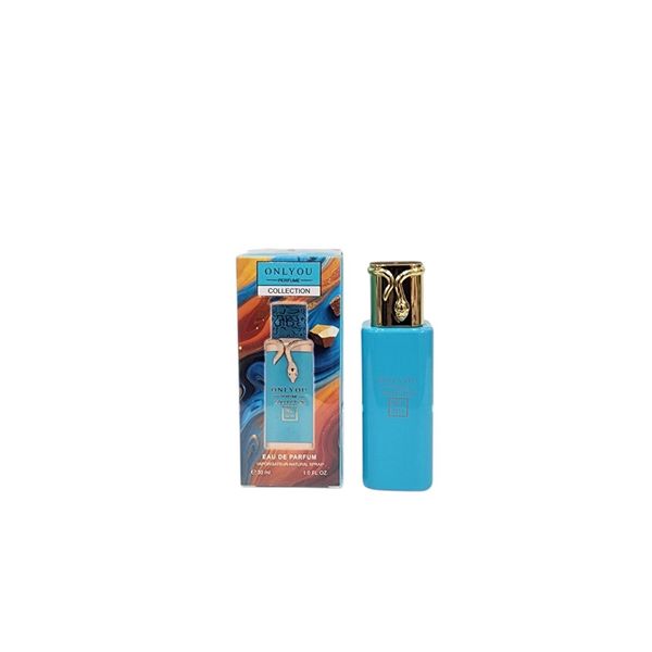 Perfume Onlyou Collection celeste en frasco con aplique dorado de serpiente y su caja ilustrada