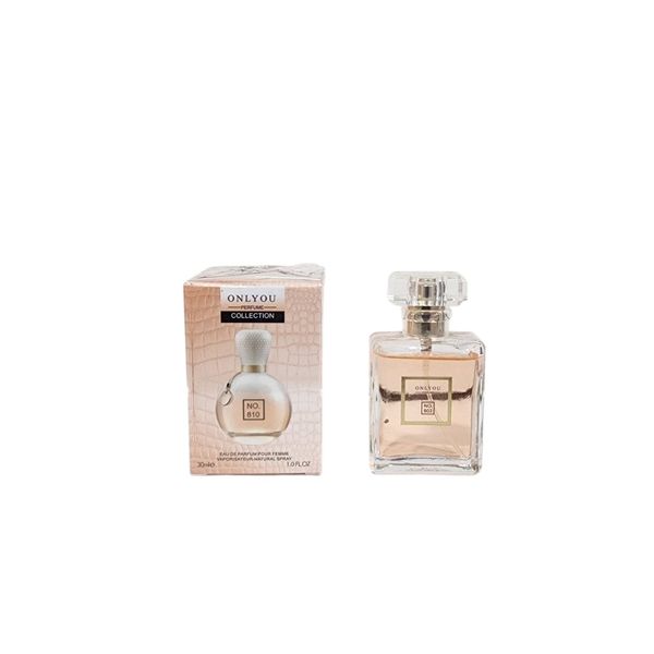 Frasco de perfume de vidrio transparente marca Onlyou junto a su caja de presentación.