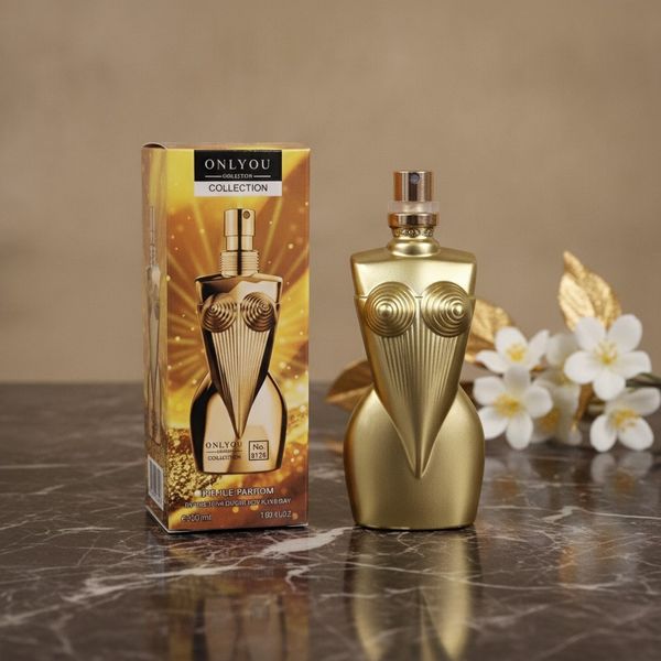 Perfume Onlyou con frasco en forma de torso dorado y caja explicativa