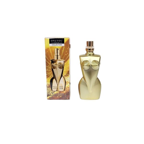 Perfume Onlyou con frasco en forma de torso dorado y caja explicativa
