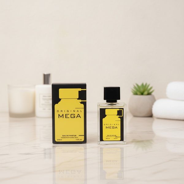 Perfume Original Mega Eau de Parfum de 30 ml con su frasco de vidrio y caja de empaque.