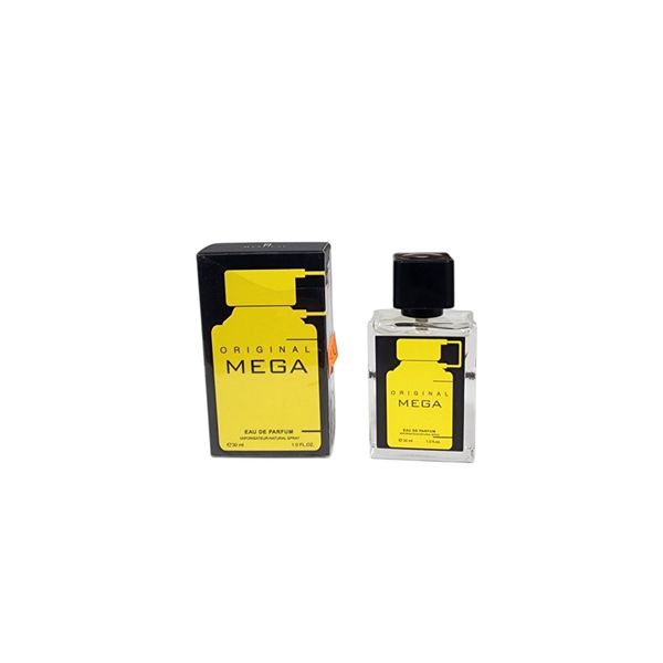 Perfume Original Mega Eau de Parfum de 30 ml con su frasco de vidrio y caja de empaque.