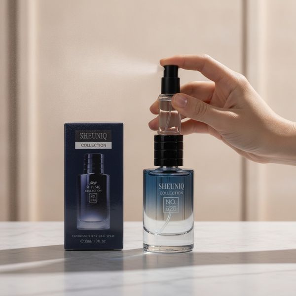 Frasco de perfume Sheuniq Collection No. 625 de 30 ml junto a su caja azul