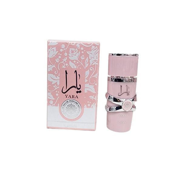 Perfume Yara de Lattafa en frasco rosado junto a su caja original